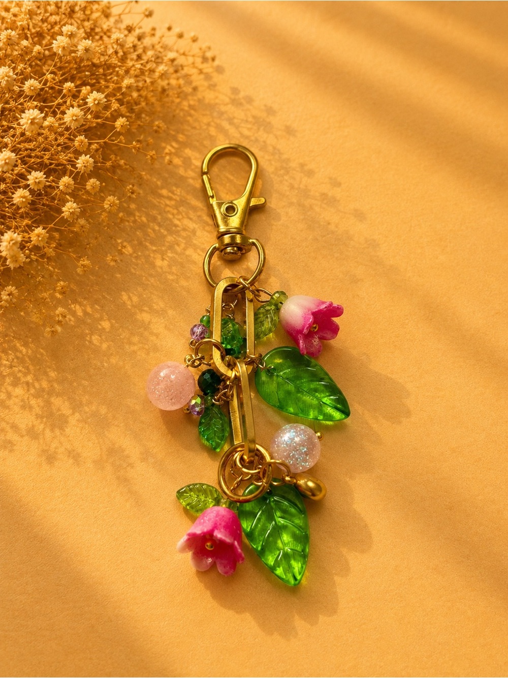 Gold-tone Pink Flower & Green Leaf Keychain Charm